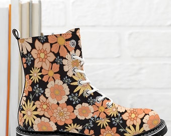 Vintage Flowers Combat Boots, Cottagecore Vegan Leather Shoes, Retro 60's 70's Floral Shoes for Women