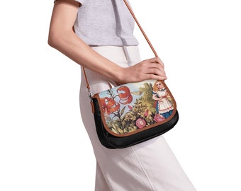 Alice in Wonderland Shoulder Bag, Classic Lewis Carol Art, Vegan Leather Saddle Bag for Women, Gift for Classic Book Lovers Afficionados