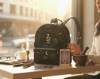 Celestial Moon & Star Astrology Mini Backpack, Black Witchy Goth Travel Bag Collection Set