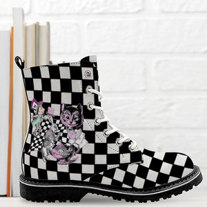 Alice in Wonderland Combat Boots, Checkered Vegan Boots, Gift for Classic Literary Lovers, Alice Cosplay Shoes