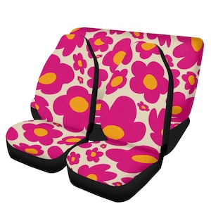Retro Flower Power Car Seat Covers for Women, Pink Flower Car Accessories, Monogrammed Car Seat Cover Set Full, New Car Gift for Moms