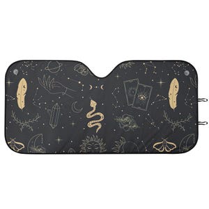 Black Witchy Mystical Car Sunshade – Celestial Snake, Tarot Cards & Moon Design Occult Windshield Protector for Spiritual Drivers