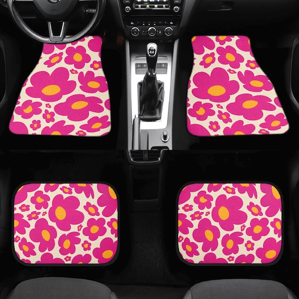 Groovy Pink Car Mats Set, Flower Power Car Accessories, Retro Interior Car Decor for Women