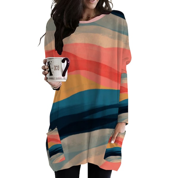 Oversized T-shirt Dress, Long Sleeve Lightweight Shirt Dress with Pockets, Boho Style Kaftan Spring Clothing, Midi Tunic Dress for Women