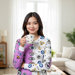 Mystical Evil Eye Sweatshirt – Pink & White Spiritual Boho Crewneck, Witchy Protection Pullover