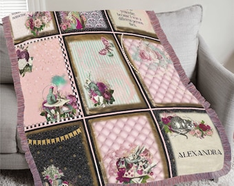 Personalized Alice in Wonderland Fringed Blanket: Classic Book Gift