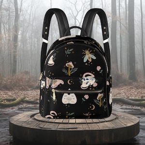 Personalized Witchy Goth Mini Backpack – Monogrammed Black PU Leather Luna Moth & Celestial Travel Bag