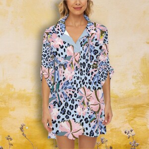 Floral Blue Leopard Print Tunic Dress, Long Blouse Shirts with Half Sleeves, Summer Clothing Resort Wear, Botanical Dress for Women upto 6XL
