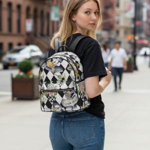 Alice in Wonderland Mini Backpack – Harlequin Steampunk Travel Bag, Book Lover Gift