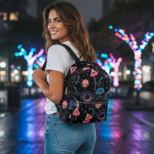 Cosmic Mushroom Mini Backpack – Celestial Witchy School bag, Dark Cottagecore Travel Accessory