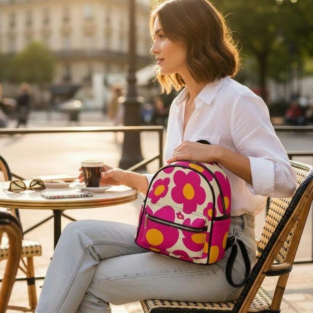 Retro 60s Floral Mini Backpack: Pink Flower Power Travel Knapsack - Etsy
