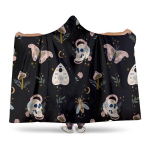 Witchy Celestial Hooded Blanket, Goth Microfleece Wearable Blanket White