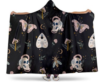Witchy Celestial Hooded Blanket, Goth Microfleece Wearable Blanket