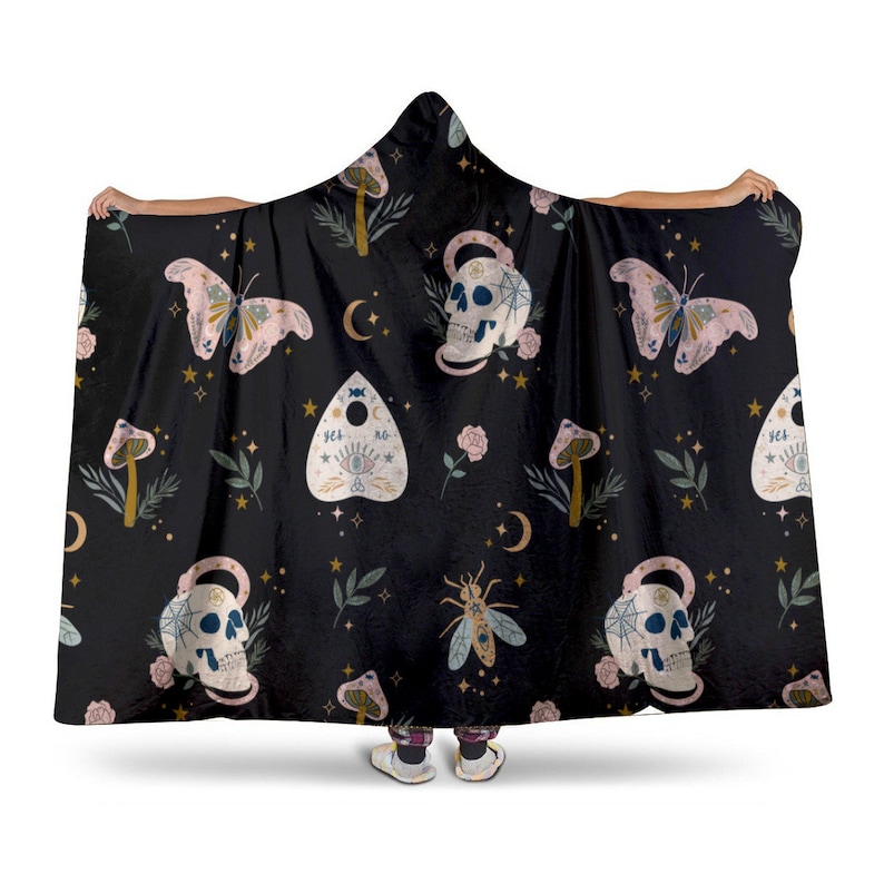 Witchy Celestial Hooded Blanket, Goth Microfleece Wearable Blanket White