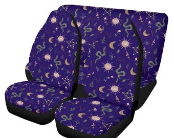 Witchy Gothic Car Seat Covers – Dark Celestial Sun Moon Snake & Pentagram Pattern Full Car Seat Protector Set