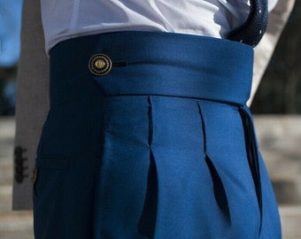 Men Gurkha Trouser Cotton High Waist Regular Fit Button Closure Men Blue Formal Business Casual Personalized Vintage Pleated Pant For Male