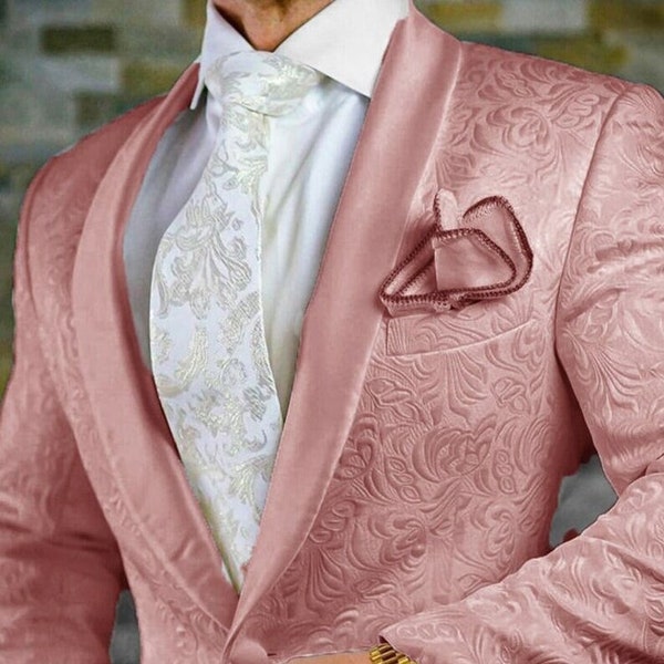 Luxury Designer Men Suits Pink Paisley Floral 2 Piece Suits Slim Fit Elegant Suits Groom Wedding Suits Party Suits Bespoke For Men