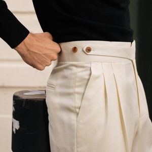 Men Off-White Gurkha Trouser Cotton High Waist Regular Fit Button Closure Formal Casual Personalized Vintage Pleated Christmas Pants