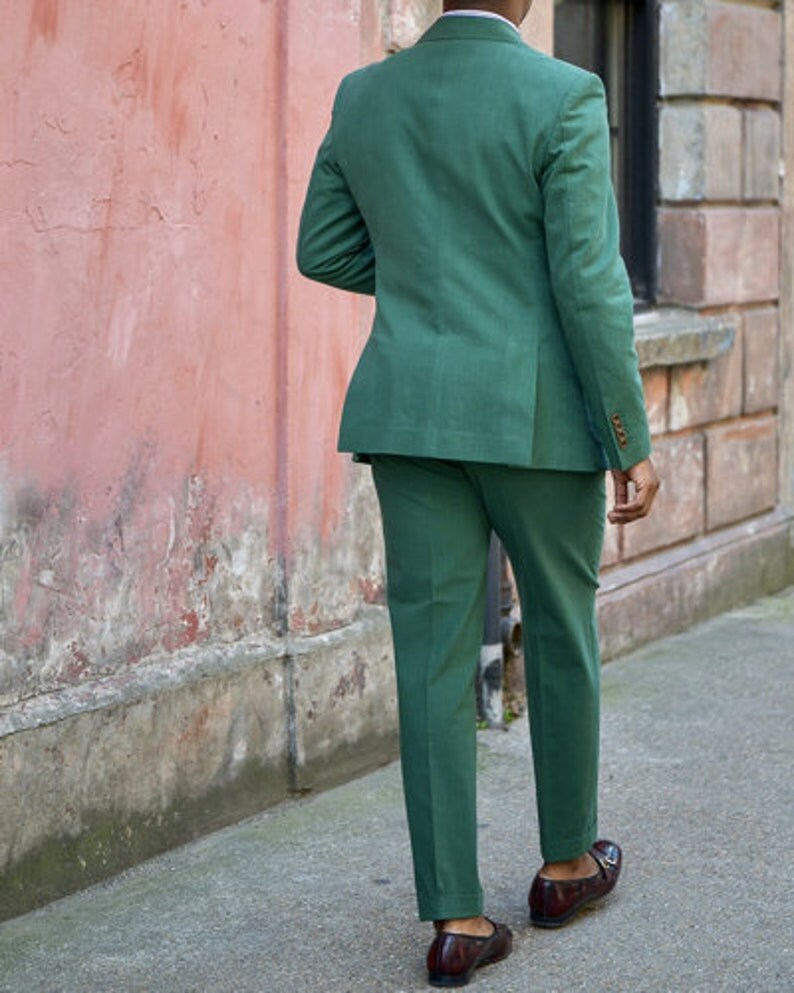 Dark Green Men's Party Linen 2 Piece One-button Suits Wedding Formal Suits