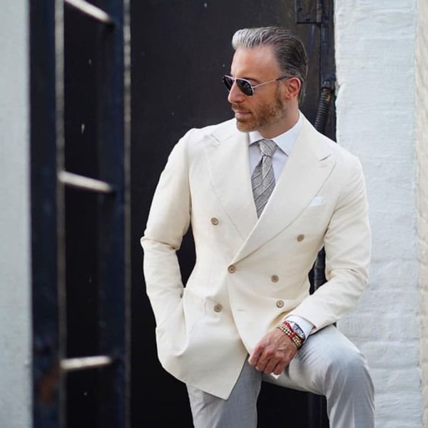 Men Blazer Coat Slim Fit Jacket Men Off White Wedding Groom Blazer Fashion Double Breasted Casual Jackets For Men