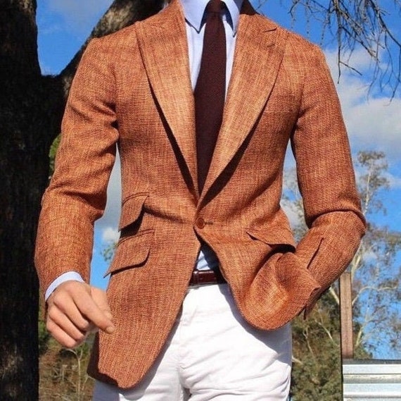 Men Rustic Linen Jacket Slim Fit One Button Blazer Wedding Dinner