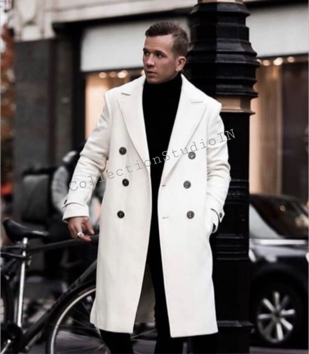 WHITE TRENCH COAT, Men Wool Long Coat, Slim Fit Winter Long Blazer
