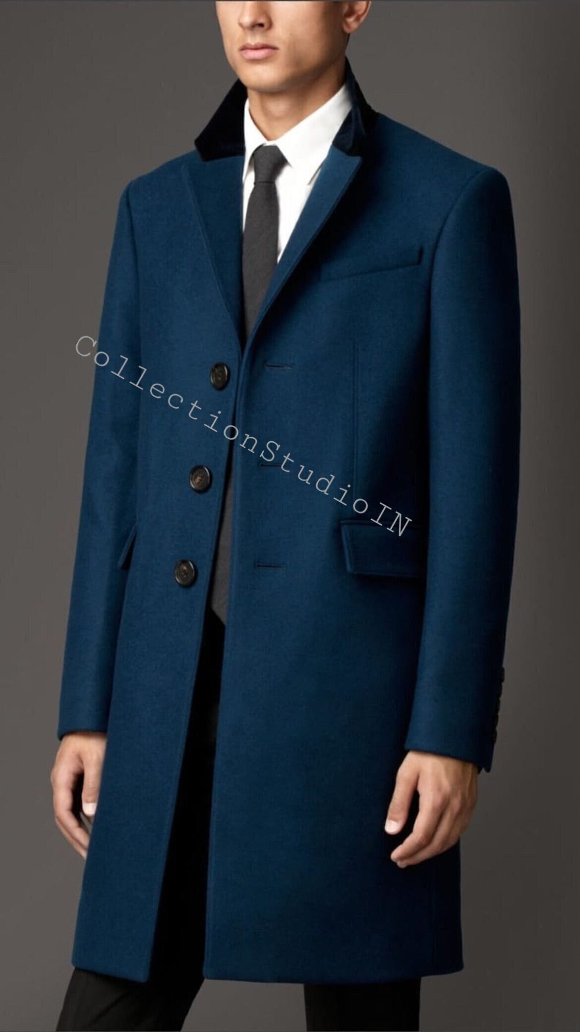 BLUE TRENCH COAT, Men Wool Long Coat Slim Fit Dinner Overcoat, Long Wool Blazer, Gift for Him