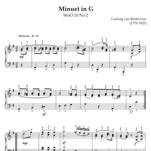 Ludwig van Beethoven - Minuet in G , Sheet Music Piano, (Instant Download)