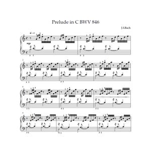 Op de afbeelding: Muziekblad voor J.S. Bachs Prelude in C, BWV 846, op een witte achtergrond. De muzieknoten zijn zwart, met de titel en componistnaam bovenaan. De muzieknotatie bevat G-sleutel en F-sleutel.