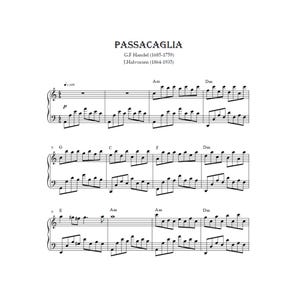 Puede incluir: Partitura de "Passacaglia" de G.F. Handel y J. Halvorsen. La música está escrita sobre un fondo blanco con notas y símbolos musicales negros. El título y la información del compositor están en la parte superior.