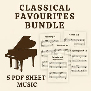 Könnte beinhalten: Braune Silhouette eines Flügels neben fünf Notenblättern mit Titeln wie "Passacaglia" und "Canon in D". Der Text "CLASSICAL FAVOURITES BUNDLE" und "5 PDF SHEET MUSIC" wird in brauner Schrift angezeigt.