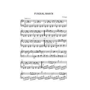 Peut inclure: Partition de musique pour "Marche funèbre" de F. Chopin, imprimée sur papier blanc. Le titre est centré en haut, avec une notation musicale en dessous. La musique comprend des lignes de clé de sol et de clé de fa, avec des notes et des indications dynamiques.