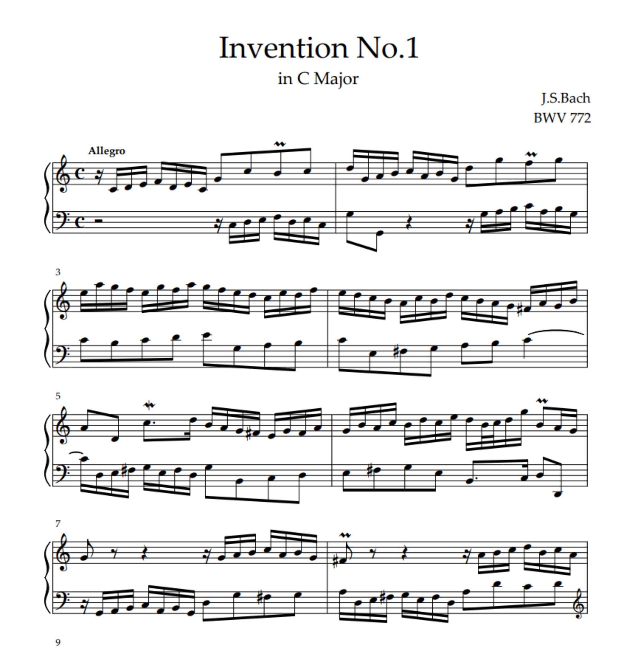 J.S.バッハ - インヴェンション第1番 ハ長調、ピアノ楽譜（デジタル