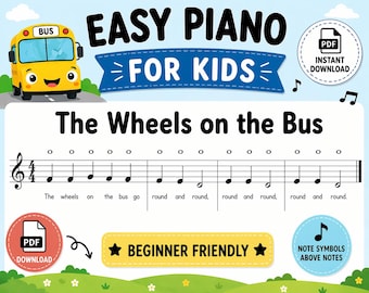 Wheels on the Bus Easy Piano Sheet Music for Kids | Beginner PDF | Note Symbols