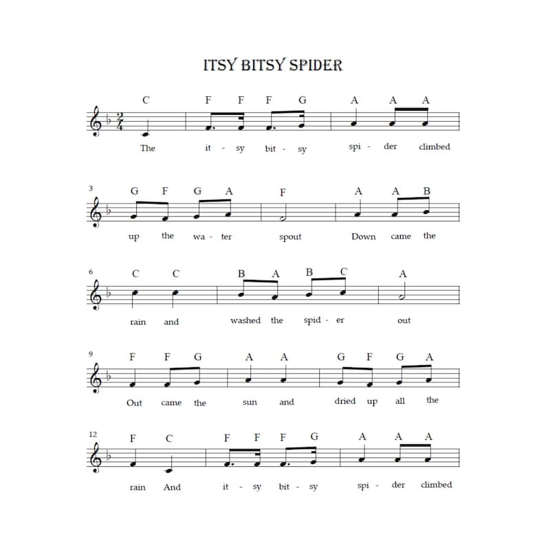 Music Note Spider Itsy Bitsy Spider Piano Sheet Music for Kids – Beginner Piano PDF ...
