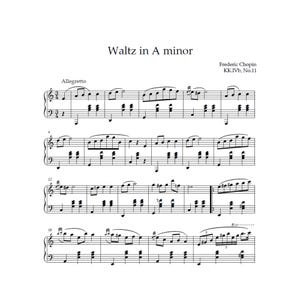 Könnte beinhalten: Notenblatt für "Walzer in A-Moll" von Frédéric Chopin, gekennzeichnet als KK.IVb, Nr.11. Die Partitur ist in schwarzer Tinte auf weißem Papier gedruckt, mit Violinschlüsseln und Bassschlüsseln sowie Noten.