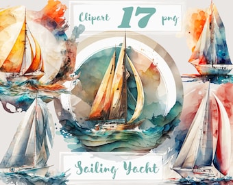 Watercolor Sailing Yacht Clipart, Sea & Ocean PNG, Summer Holiday (Digital Download)
