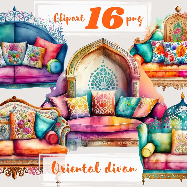 Clipart de canapé oriental, intérieur oriental, arabe, divan. clipart vintage, rétro, boho, png. Aquarelle numérique. Utilisation commerciale gratuite.