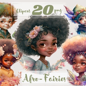 Puede incluir: Conjunto de clipart digital de 20 imágenes PNG con hadas con peinados afro. Las hadas se representan con piel morena, coronas florales de colores y alas. El texto "Afro-Fairies" se muestra en la parte inferior de la imagen.