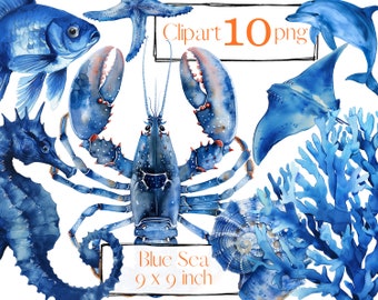 Op de afbeelding: Waterverfillustratie van diverse blauwe zeedieren, waaronder een kreeft, vis, zeepaardje, zeester, dolfijn en rog. Koraal en een zeeschelp zijn ook afgebeeld. De tekst "Blue Sea 9 x 9 inch" is zichtbaar.