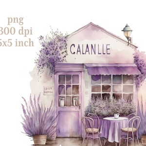 May include: A watercolor painting of a purple storefront with a sign that reads "CALANLLE". The storefront has a purple awning and a door with a window. There are lavender plants and a table with two chairs outside the store.