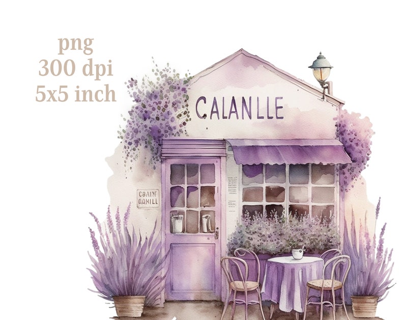 May include: A watercolor painting of a purple storefront with a sign that reads "CALANLLE". The storefront has a purple awning and a door with a window. There are lavender plants and a table with two chairs outside the store.