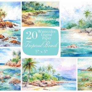 Strand digitaal papier, tropisch digitaal papier. Waterverf scrapbook papier voor gratis commercieel gebruik. Junk Journal Paper Crafts, direct downloaden
