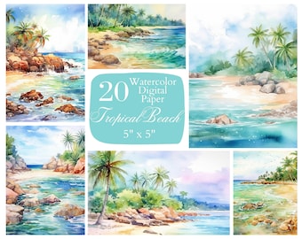 Tropical Beach Watercolor Digital Paper, Scrapbook Paper (PNG, 5x5, Instant Download)
