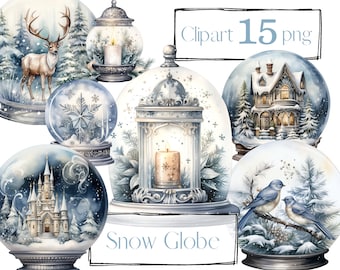 Silver Christmas clipart. Christmas Snow Globe clipart, Ornamental clipart. Junk Journal. PNG bundle. Watercolor clipart. Commercial use