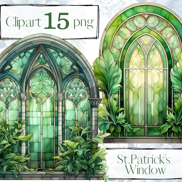 Clipart de fenêtre verte, vitrail, clipart de la Saint-Patrick, clipart irlandais, PNG de St Patty. Aquarelle numérique. Utilisation commerciale gratuite