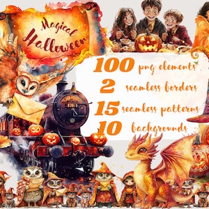 Lot école de magie. Clipart Halloween, sorcière et sorcier png. Baguettes, potions, clés, école de sorcellerie Aquarelle numérique. Utilisation commerciale gratuite