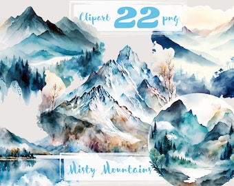 Watercolor Mountain Clipart, Misty Landscape PNG (Digital Download)