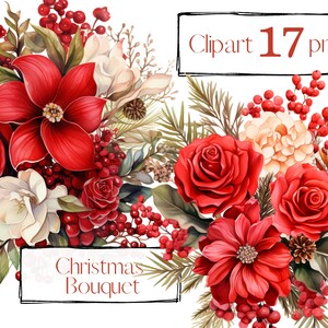 Clipart de buquê de Natal vermelho. Clipart floral. Clipart de Natal. Clipart de inverno. Flores vermelhas. PNG. Aquarela digital. Uso comercial gratuito