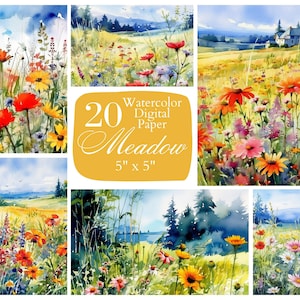 Weide digitaal papier, veld, wilde bloemen. Waterverf scrapbook papier voor gratis commercieel gebruik. Junk Journal, Paper Crafts, direct downloaden.